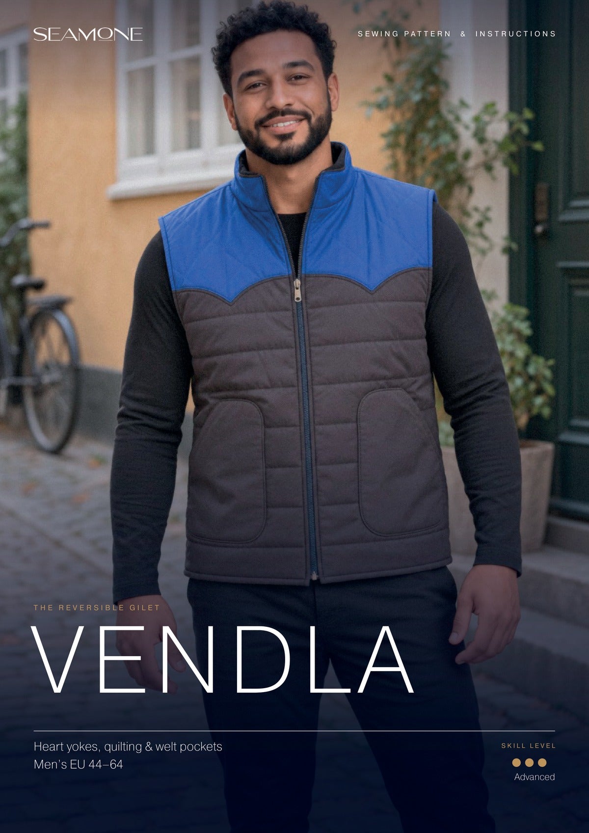 VENDLA sewing instructions cover – men's reversible gilet, PDF sewing pattern EU 44–64
