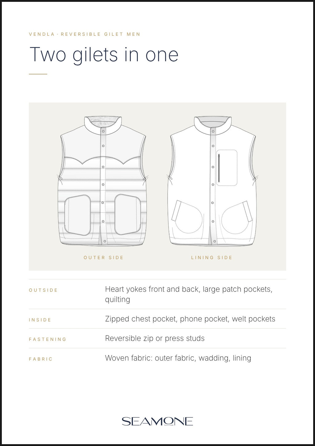 VENDLA men's reversible gilet – technical drawing, outer and lining side