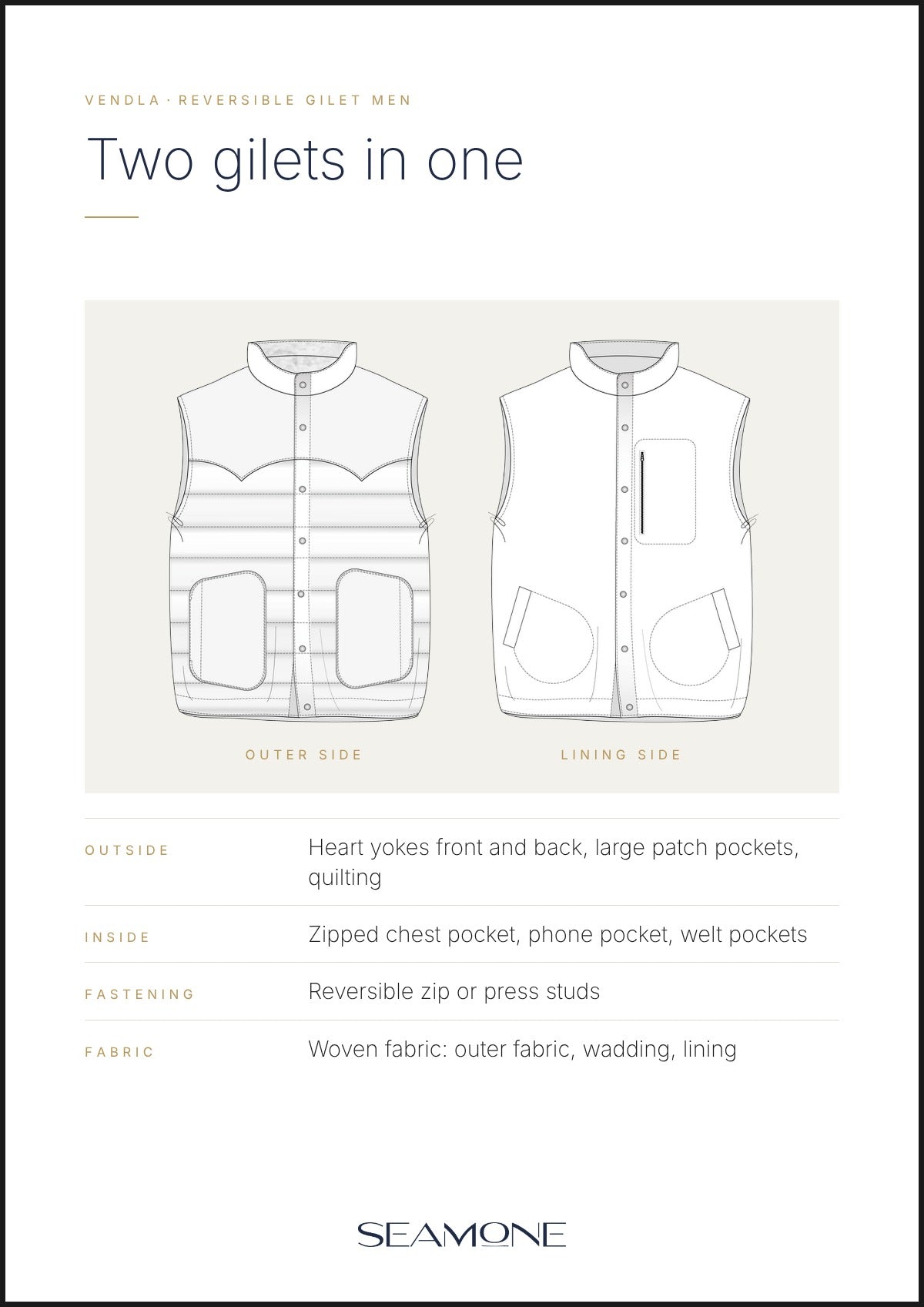 VENDLA men's reversible gilet – technical drawing, outer and lining side