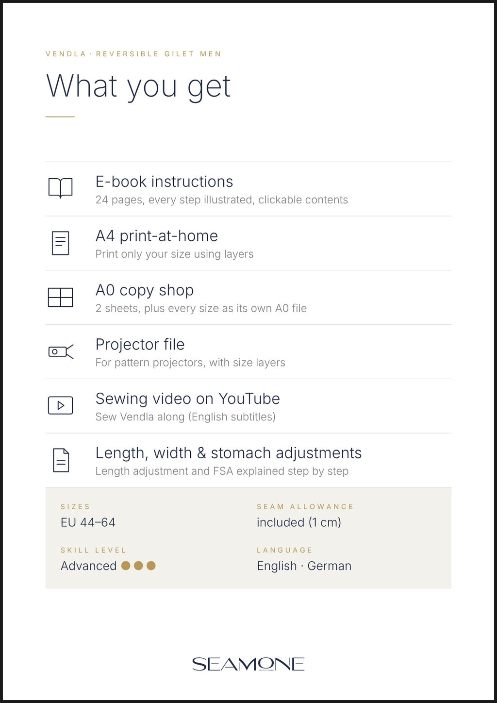VENDLA men's sewing pattern – what you get: e-book, A4, A0, projector file, sewing video