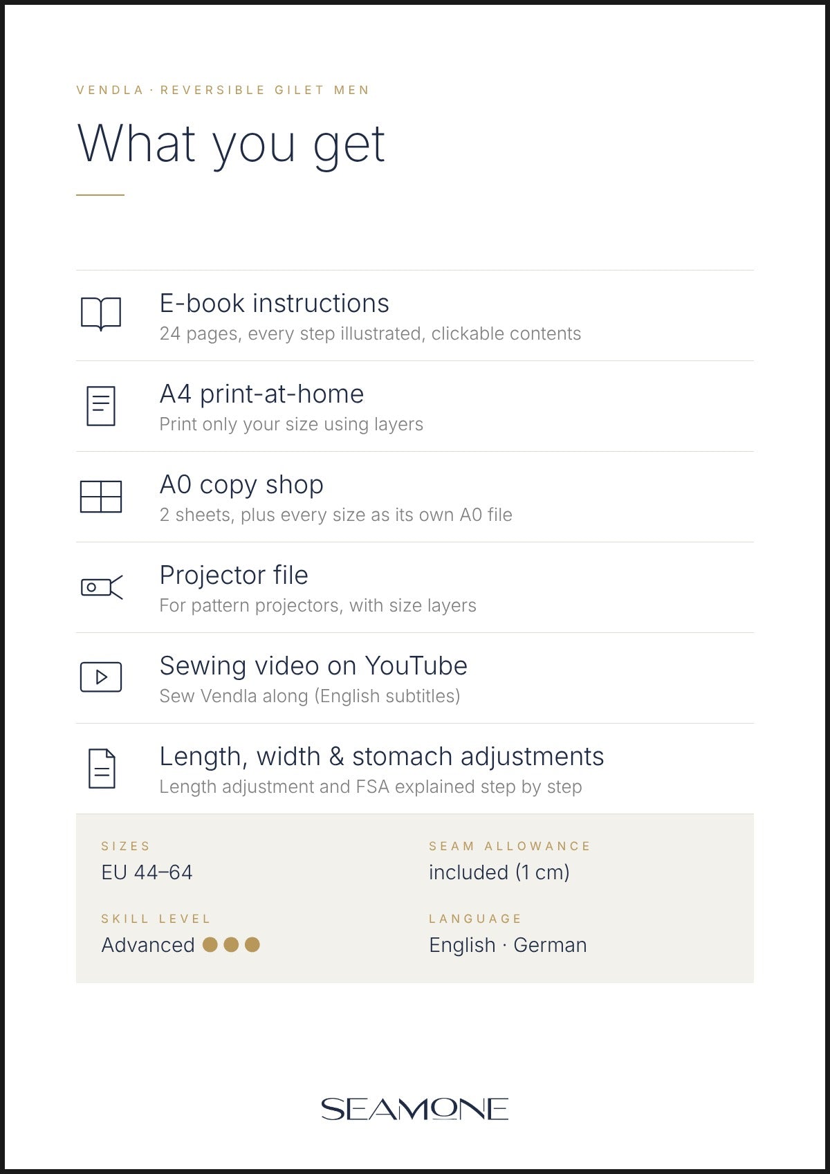 VENDLA men's sewing pattern – what you get: e-book, A4, A0, projector file, sewing video