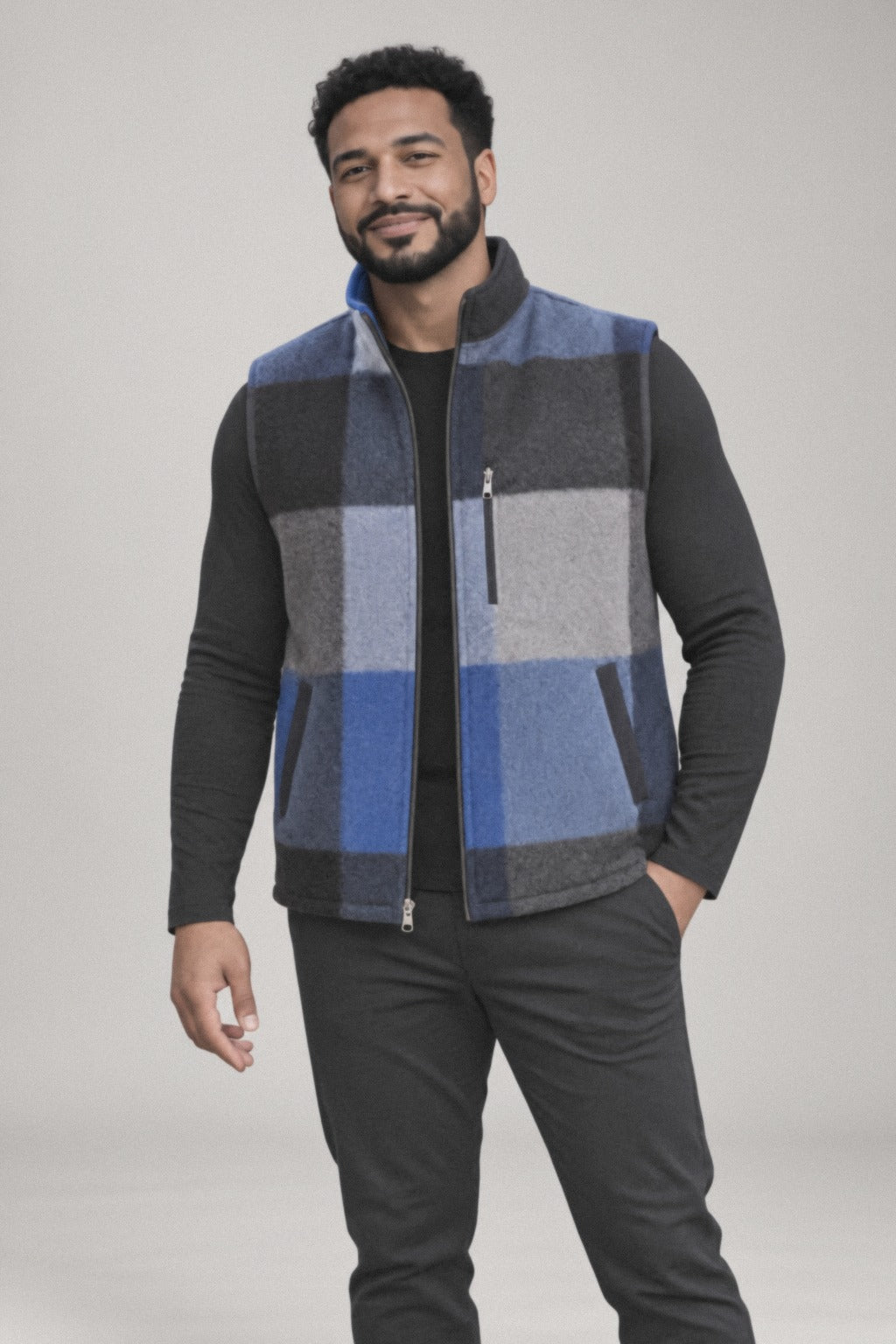 Vendla men's reversible gilet turned inside out – checked lining side in blue and grey