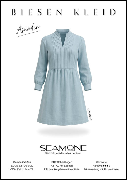 ÅSUNDEN – Biesenkleid Damen digitales Schnittmuster als PDF download | mit Stehkragen & 7/8 - Ärmel | Größe 32–52 | SEAMONE – Damen A4 + A0 PDF Schnittmuster | SEAMONE