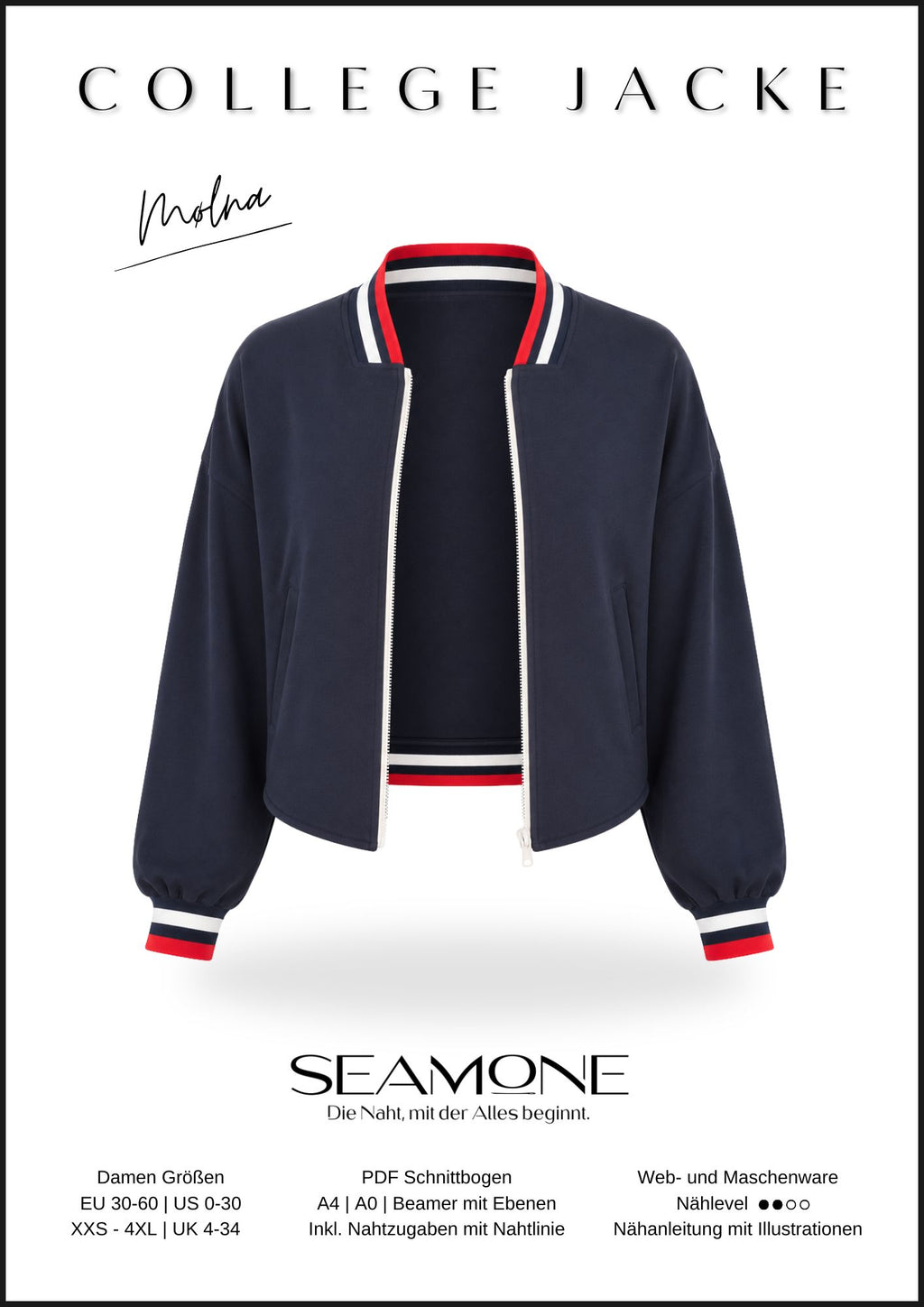 MØLNA – Collegejacke Damen nähen | Schnittmuster PDF | kurze Jacke mit eckigen Einsatz | Größe 30–60 | SEAMONE