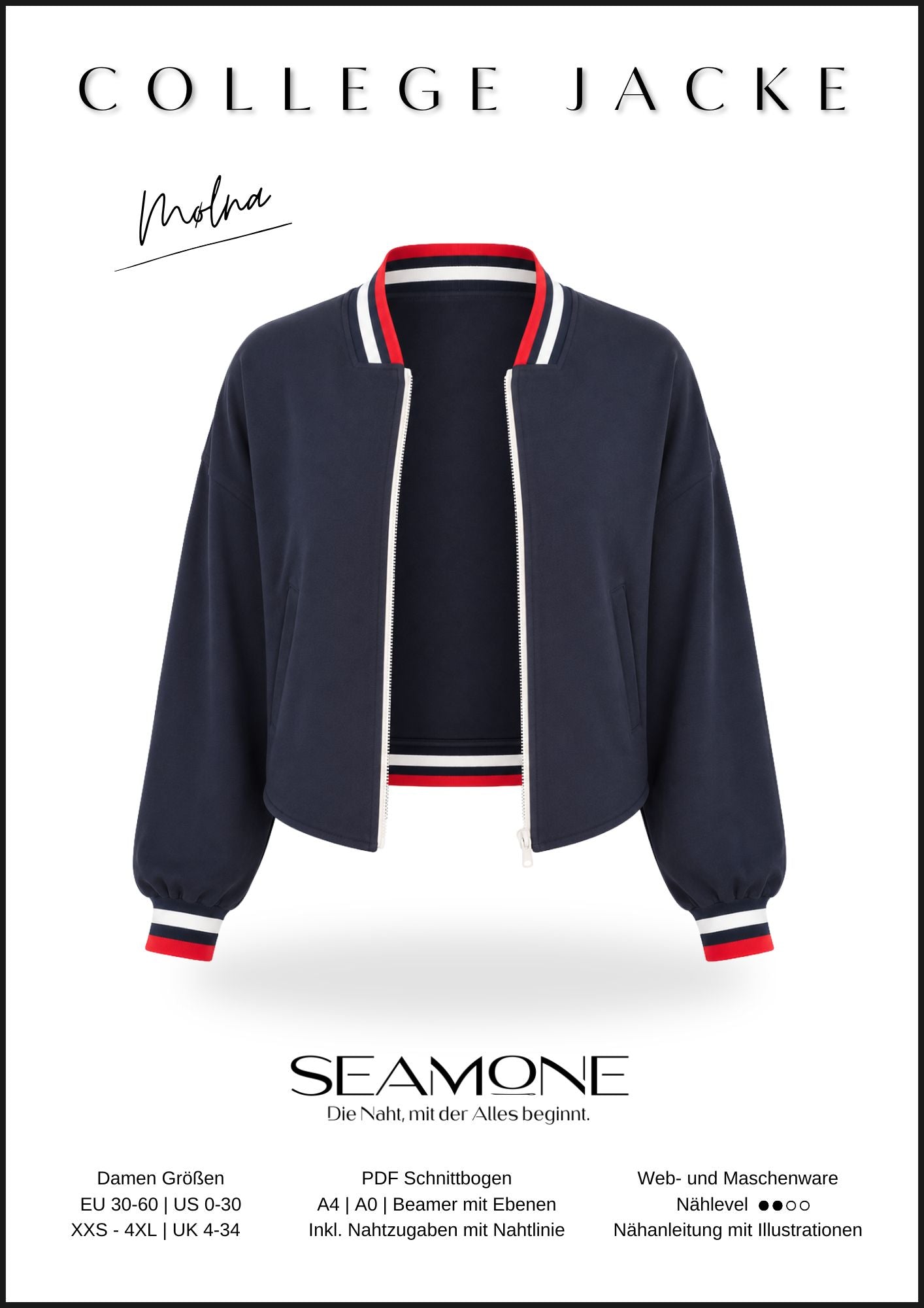 MØLNA – Collegejacke Damen nähen | Schnittmuster PDF | kurze Jacke mit eckigen Einsatz | Größe 30–60 | SEAMONE