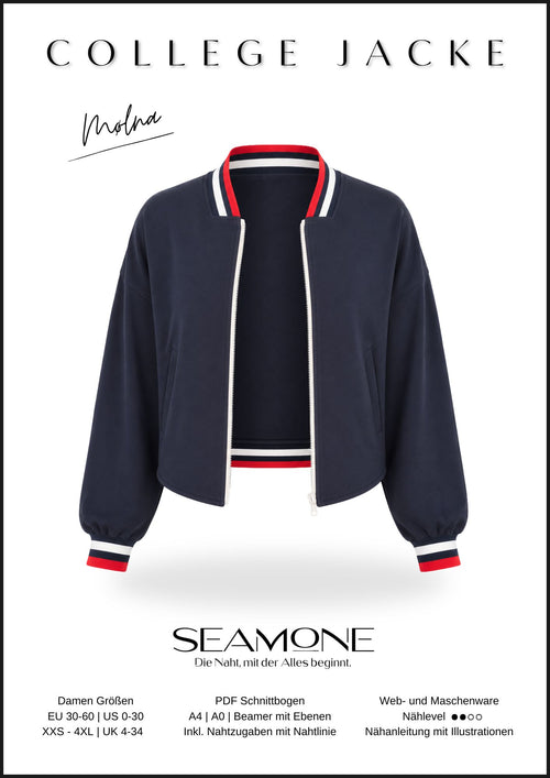 MØLNA – Collegejacke Damen nähen | Schnittmuster PDF | kurze Jacke mit eckigen Einsatz | Größe 30–60 | SEAMONE