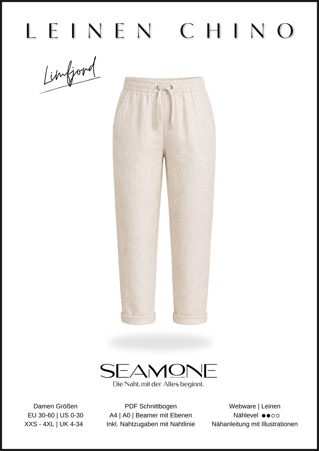 LIMFJORD – Leinenhose Damen nähen | Schnittmuster PDF | Chinohose mit Gummibund & Taschen | Größe 30–60 | SEAMONE