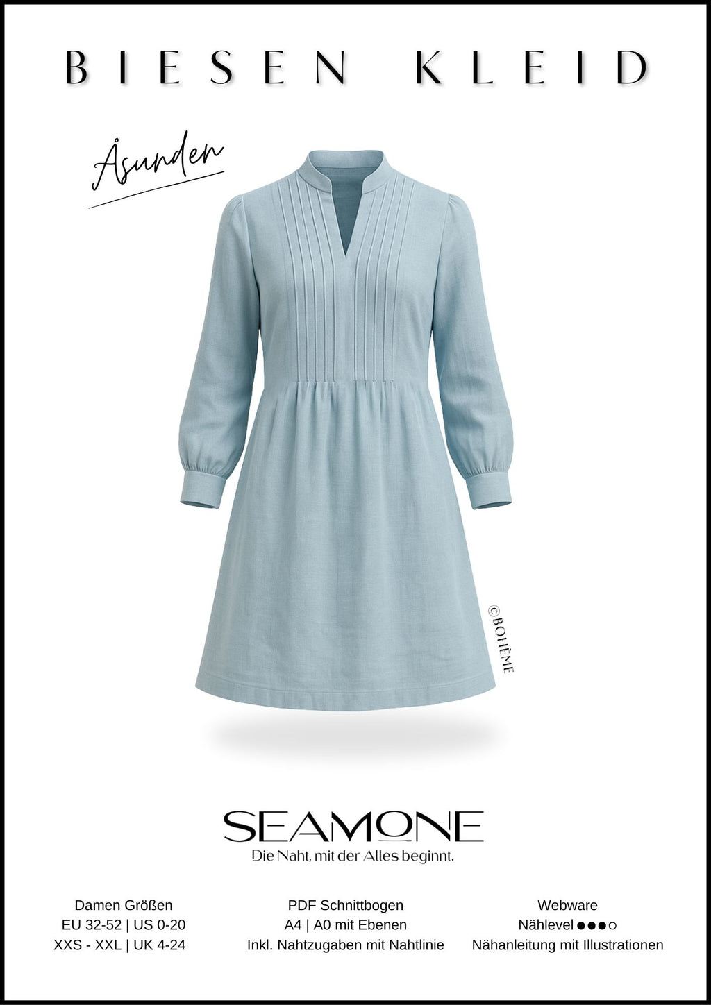 ÅSUNDEN – Biesenkleid Damen digitales Schnittmuster als PDF download | mit Stehkragen & 7/8-Ärmel | Größe 32–52 | SEAMONE