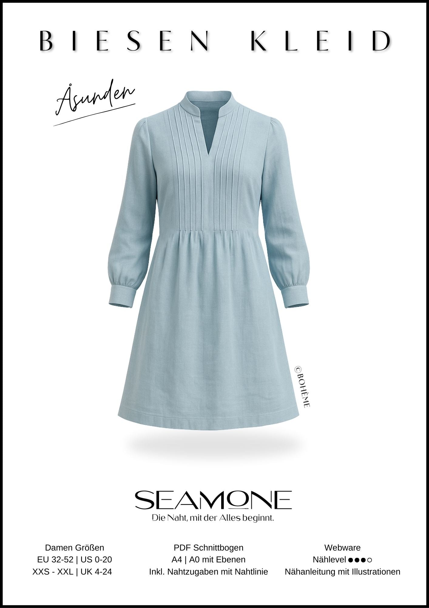 ÅSUNDEN – Biesenkleid Damen digitales Schnittmuster als PDF download | mit Stehkragen & 7/8-Ärmel | Größe 32–52 | SEAMONE