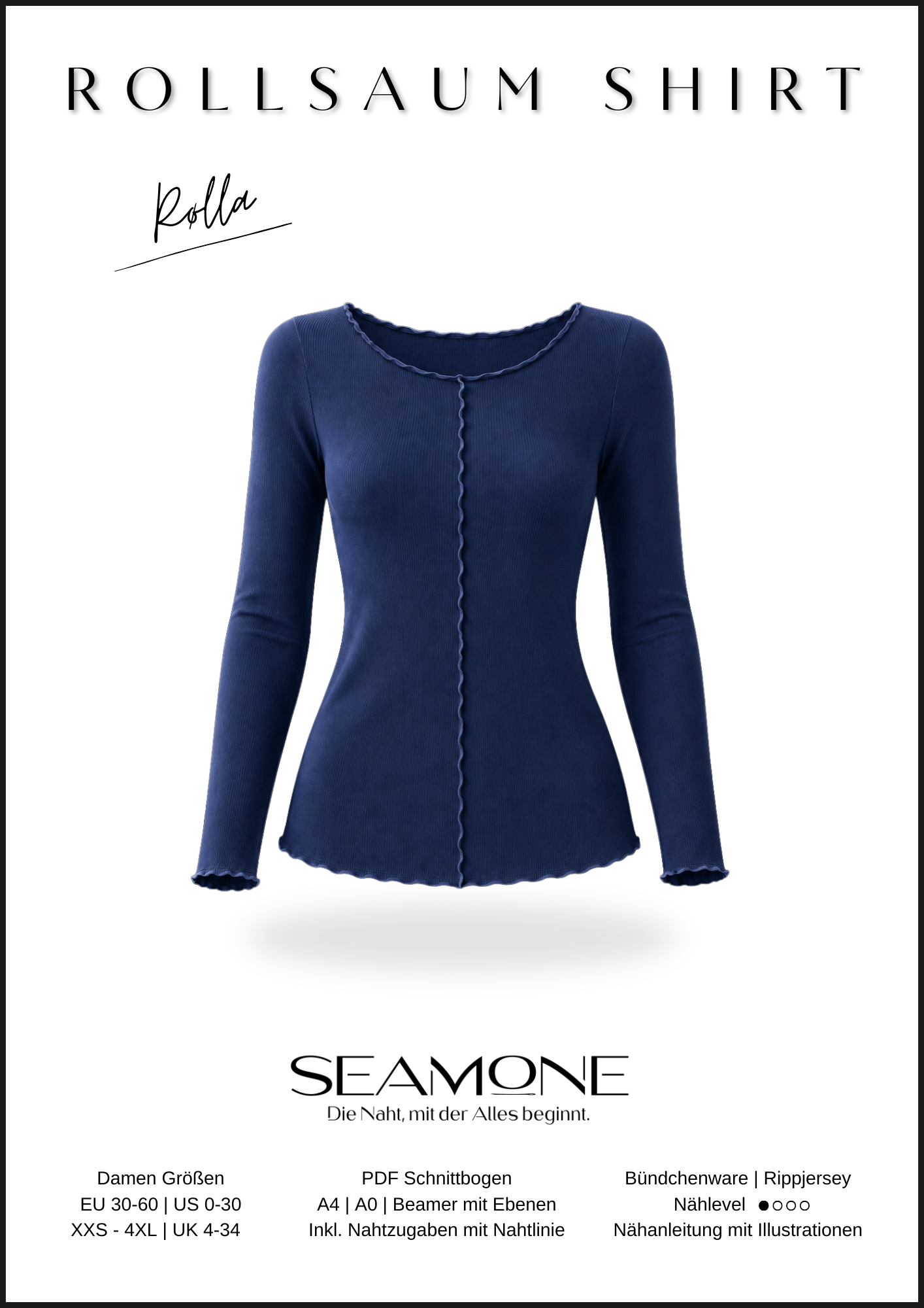 RØLLA – Rollsaum Shirt Damen | mit Rüsche | Rippjersey & elastische Spitze | digitales Schnittmuster als PDF download | Größe 30–60 | SEAMONE