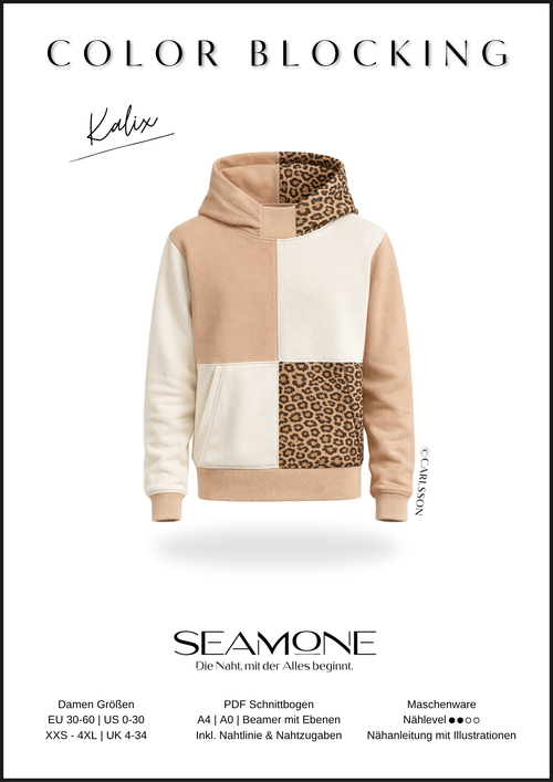 KALIX – Hoodie Damen digitales Schnittmuster als PDF Download | Oversize mit Teilungen & 3 Kragenvarianten | Größe 32–48 | SEAMONE