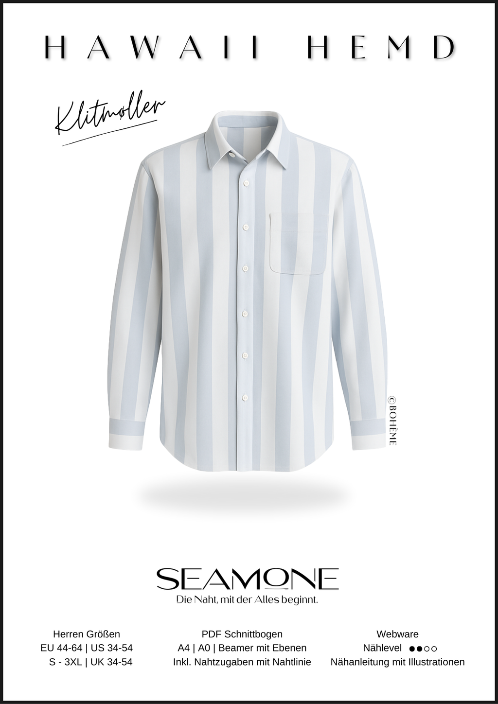 KLITMØLLER – Hawaiihemd Herren digitales Schnittmuster als PDF download | lässig & kurzärmelig | Größe 44–64 | SEAMONE