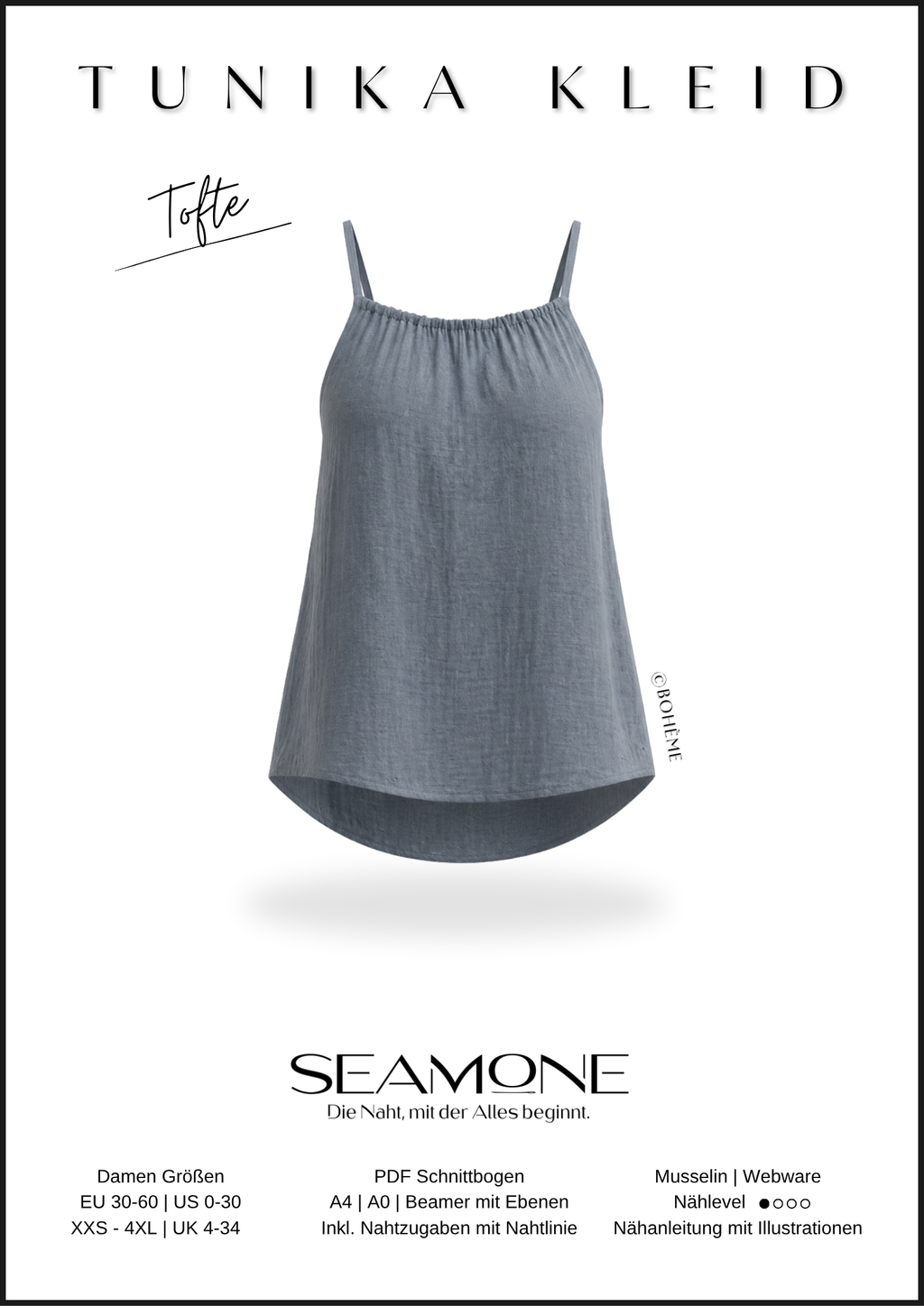 TOFTE – Top Tunika Kleid | digitales Schnittmuster | mit Spaghettiträgern & VoKuHiLa-Saum | Größe 30–60 | SEAMONE