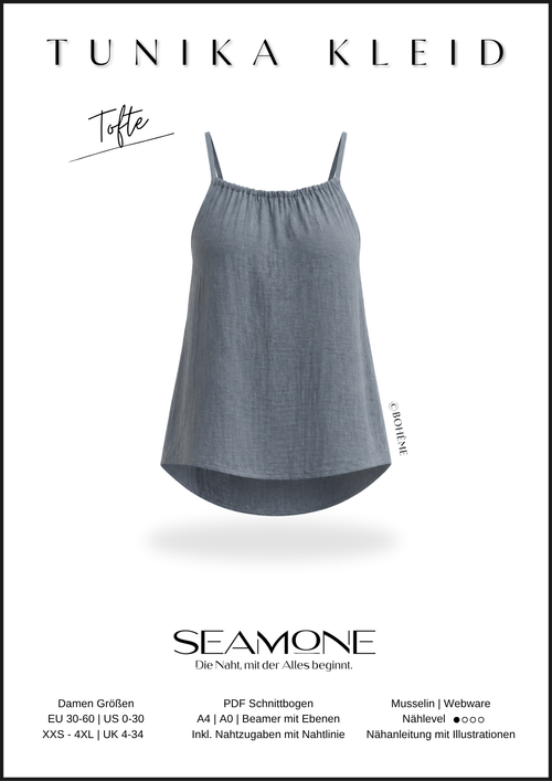 TOFTE – Top Tunika Kleid | digitales Schnittmuster | mit Spaghettiträgern & VoKuHiLa-Saum | Größe 30–60 | SEAMONE