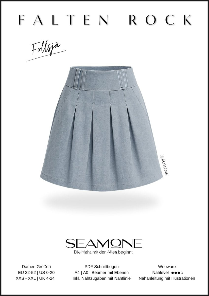 FOLLSJÅ – Kellerfaltenrock Damen digitales Schnittmuster als PDF download | gefüttert & mit Eingrifftaschen | Größe 32–52 | SEAMONE – Damen A4 + A0 + Beamer PDF Schnittmuster | SEAMONE