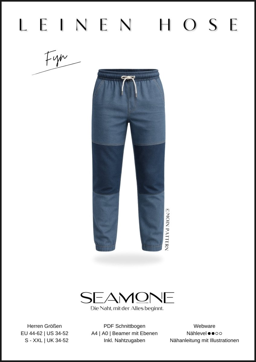 FYN – Hose Herren digitales Schnittmuster als PDF download | mit geradem Bein & Teilungsoption | Größe 44–62 | SEAMONE – Herren A4 + A0 + Beamer PDF Schnittmuster | SEAMONE