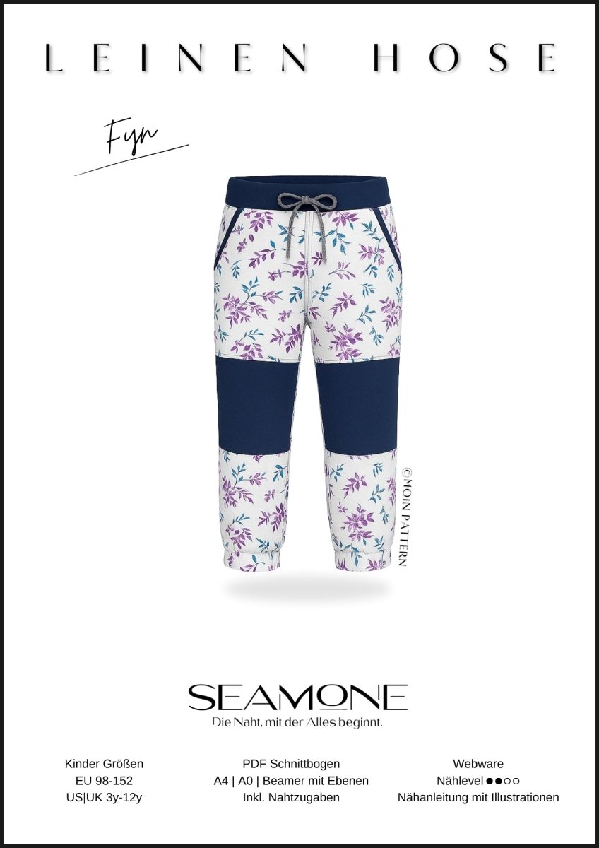 FYN – Hose Kinder digitales Schnittmuster als PDF download | mit geradem Bein & optionalen Teilungen | Größe 98–152 | SEAMONE – Kinder A4 + A0 + Beamer PDF Schnittmuster | SEAMONE