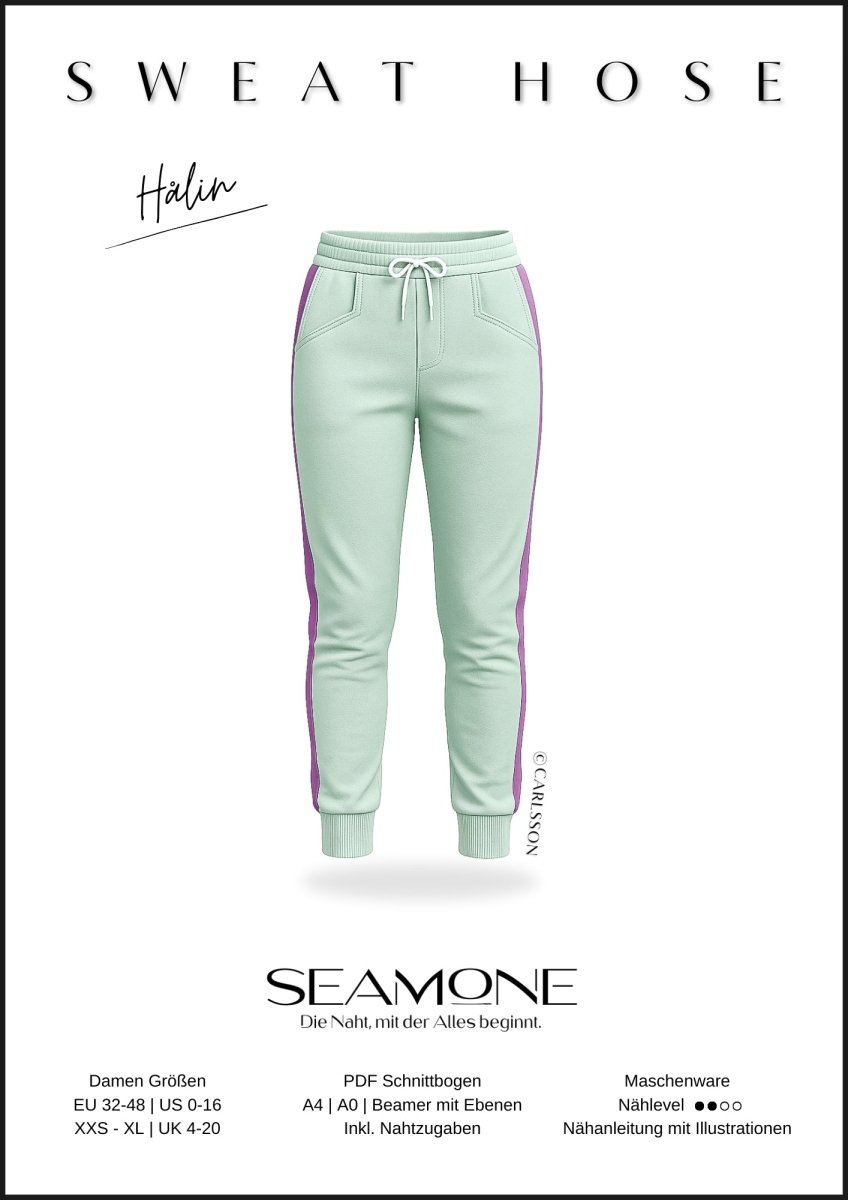 HÅLIN – Jogginghose Damen digitales Schnittmuster als PDF download | mit Seitenstreifen & Teilungsdetails | Größe 32–48 | SEAMONE – Damen Kombi: A4 + A0 + Beamer PDF Schnittmuster | SEAMONE
