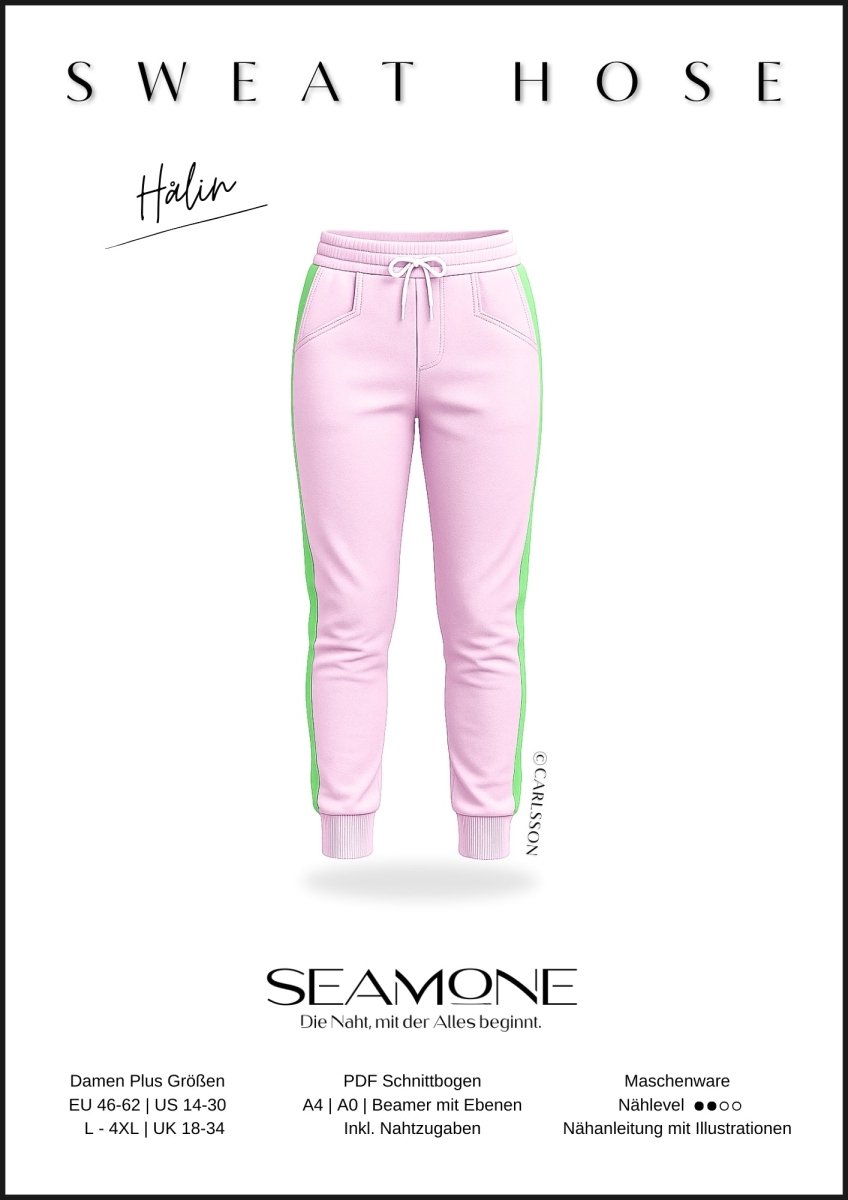 HÅLIN – Jogginghose Damen digitales Schnittmuster als PDF download | mit Seitenstreifen & Teilungsdetails | Größe 46–62 | SEAMONE – Damen A4 + A0 + Beamer PDF Schnittmuster | SEAMONE