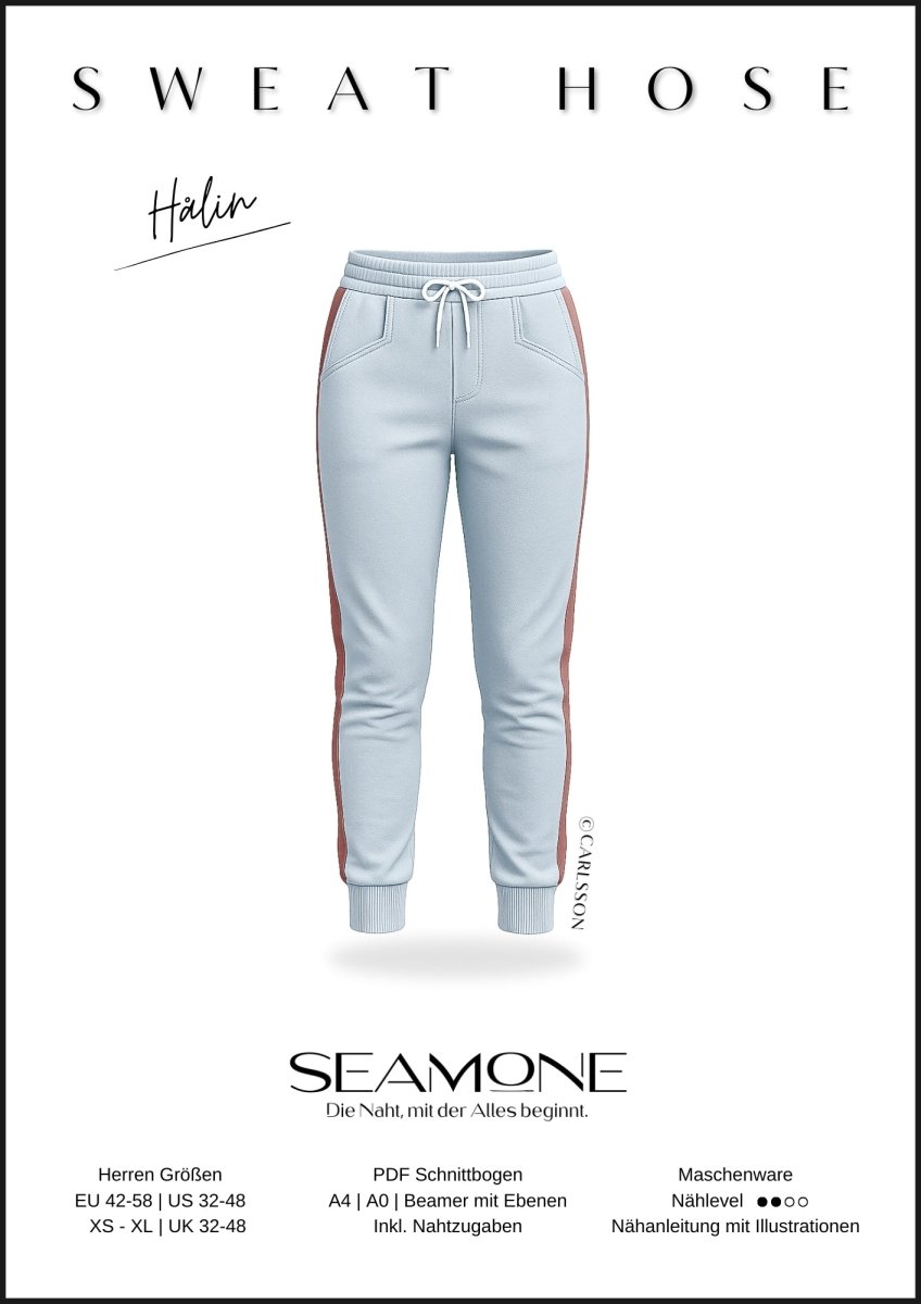 HÅLIN – Jogginghose Herren digitales Schnittmuster als PDF download | mit Seitenstreifen & Teilungsdetails | Größe 42–58 | SEAMONE – Herren A4 + A0 + Beamer PDF Schnittmuster | SEAMONE