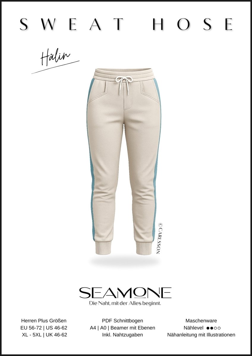 HÅLIN – Jogginghose Herren digitales Schnittmuster als PDF download | mit Seitenstreifen & Teilungsdetails | Größe 56–72 | SEAMONE – Herren A4 + A0 + Beamer PDF Schnittmuster | SEAMONE