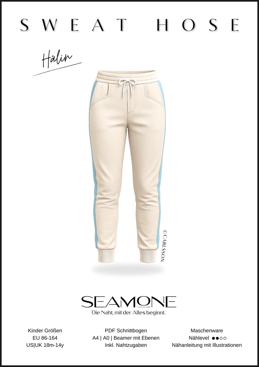 HÅLIN – Jogginghose Kinder digitales Schnittmuster als PDF download | mit Seitenstreifen & Teilungsdetails | Größe 86–164 | SEAMONE – Kinder A4 + A0 + Beamer PDF Schnittmuster | SEAMONE