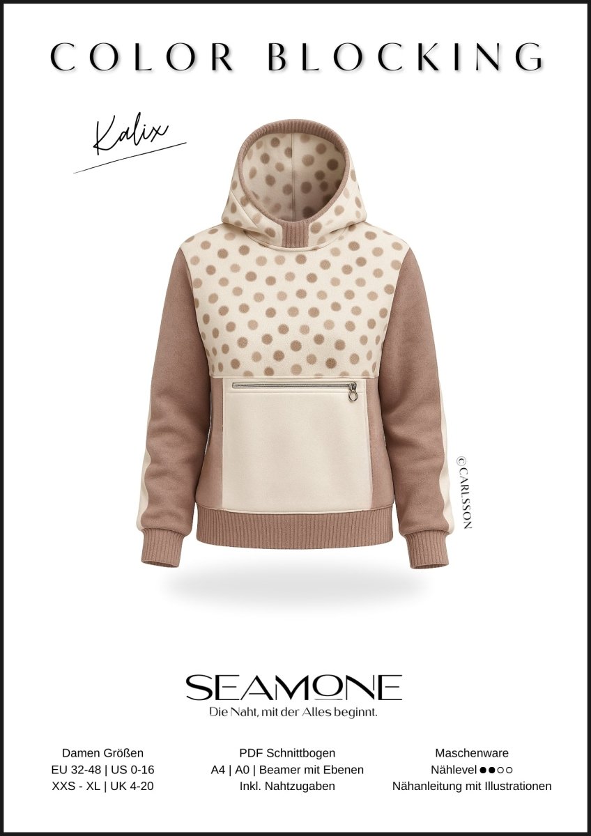 KALIX – Hoodie Damen digitales Schnittmuster als PDF Download | Oversize mit Teilungen & 3 Kragenvarianten | Größe 32–48 | SEAMONE – Damen A4 + A0 + Beamer PDF Schnittmuster | SEAMONE