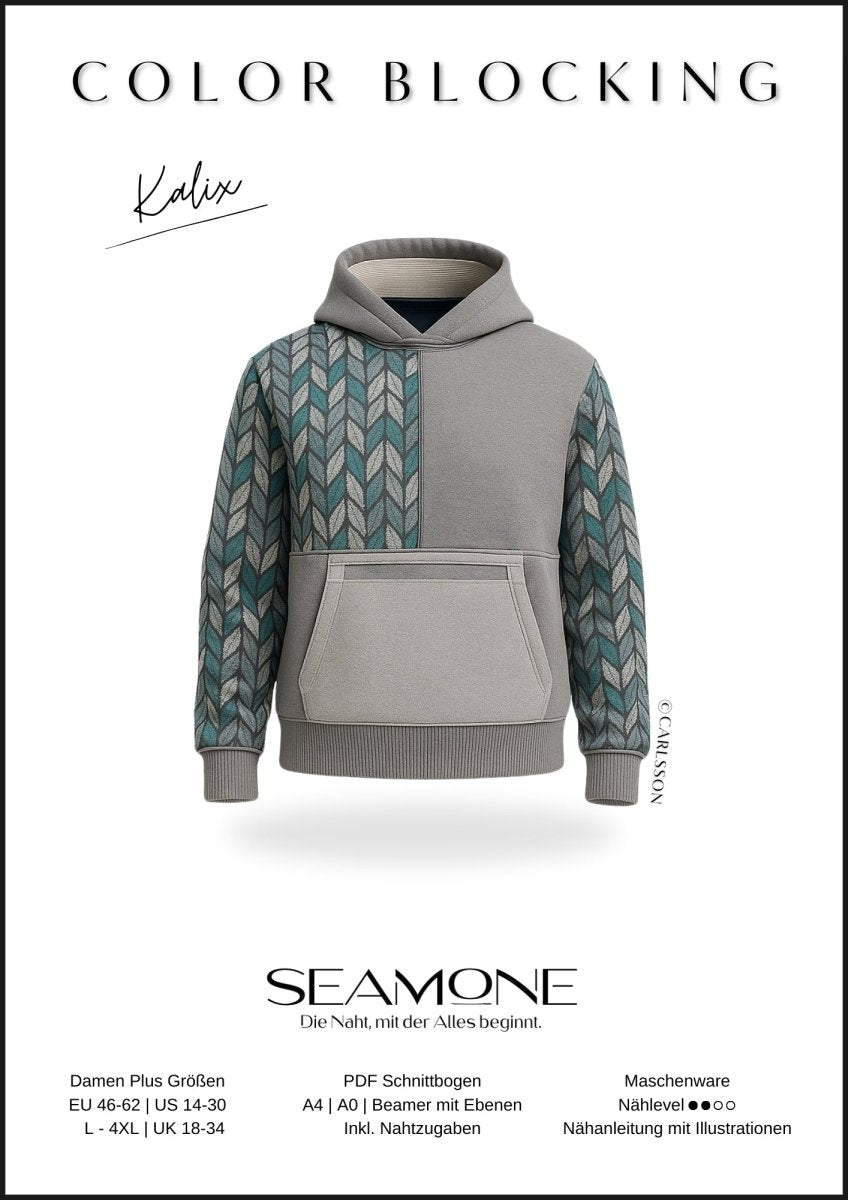 KALIX – Hoodie Damen digitales Schnittmuster als PDF download | Oversize mit Teilungen | Größe 46–62 | SEAMONE – Damen A4+ A0 + Beamer PDF Schnittmuster | SEAMONE