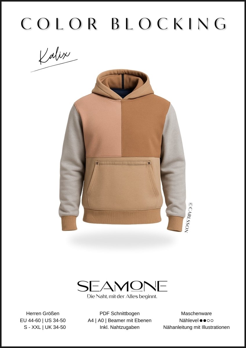 KALIX – Hoodie Herren digitales Schnittmuster als PDF download | Oversize mit Teilungen | Größe 44–60 | SEAMONE – Herren A4 + A0 + Beamer PDF Schnittmuster | SEAMONE