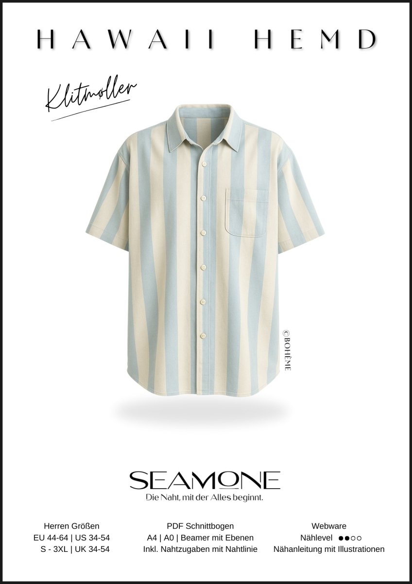 KLITMØLLER – Hawaiihemd Herren digitales Schnittmuster als PDF download | lässig & kurzärmelig | Größe 44–64 | SEAMONE – Herren A4 + A0 + Beamer PDF Schnittmuster | SEAMONE