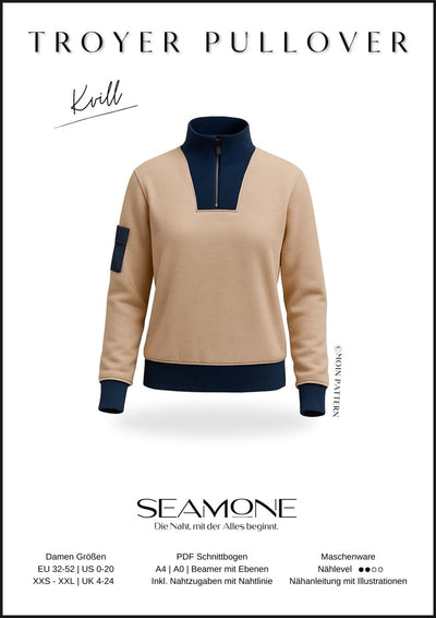 KVILL – Troyer Damen digitales Schnittmuster als PDF Download | 3 Kragenvarianten & maritimer Look | Größe 32–52 | SEAMONE – Damen A4 + A0 + Beamer PDF Schnittmuster | SEAMONE