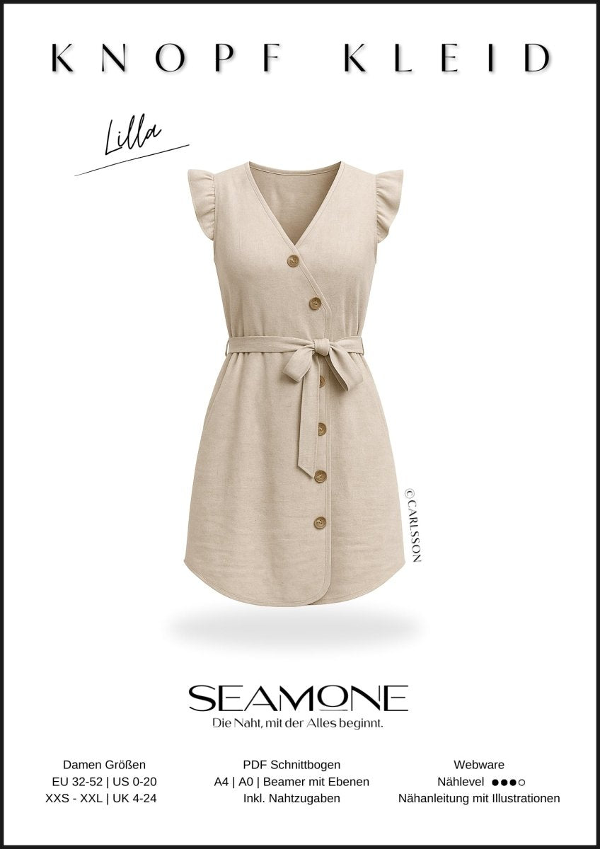 LILLA – Kleid Damen digitales Schnittmuster als PDF download | asymmetrisch mit Knopfleiste & Gürtel | Größe 32–52 | SEAMONE – Damen A4 + A0 + Beamer PDF Schnittmuster | SEAMONE