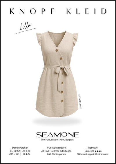 LILLA – Kleid Damen digitales Schnittmuster als PDF download | asymmetrisch mit Knopfleiste & Gürtel | Größe 32–52 | SEAMONE – Damen A4 + A0 + Beamer PDF Schnittmuster | SEAMONE