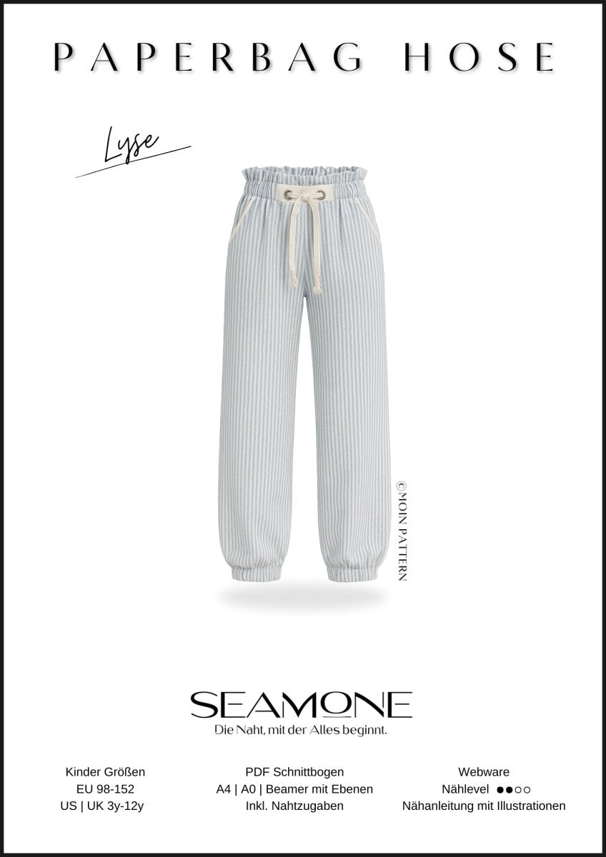 LYSE – Hose Kinder digitales Schnittmuster als PDF download | mit Paperbag - Bund & geradem Bein | Größe 98–152 | SEAMONE – Kinder A4 + A0 + Beamer PDF Schnittmuster | SEAMONE