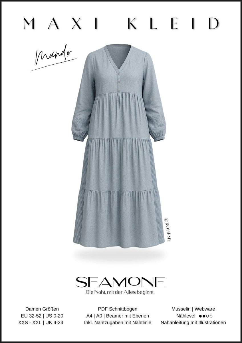 MANDØ – Maxikleid Damen digitales Schnittmuster als PDF download | mit Raffung & Stufenrock | Größe 32–52 | SEAMONE – Damen A4 + A0 + Beamer PDF Schnittmuster | SEAMONE