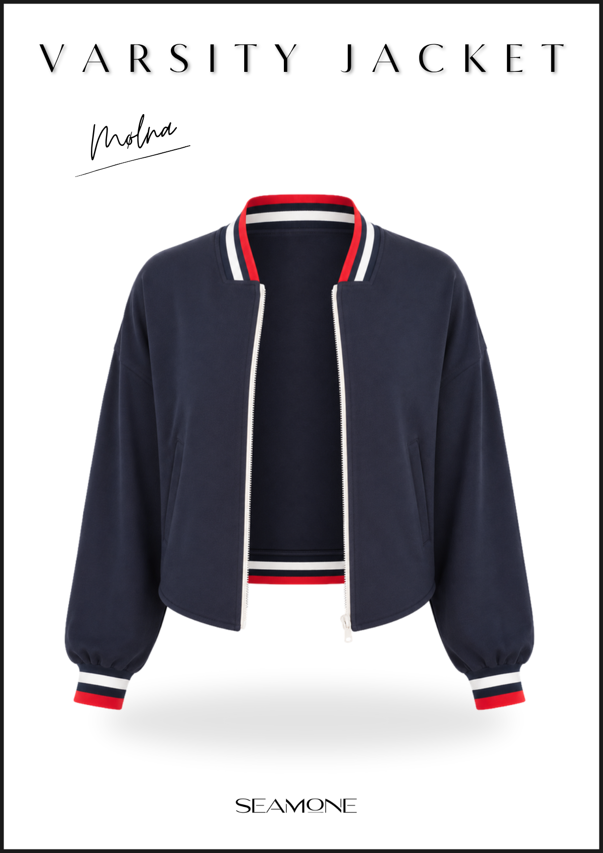 MØLNA sewing pattern cover – bomber & varsity jacket for women, PDF sewing pattern EU 30–60