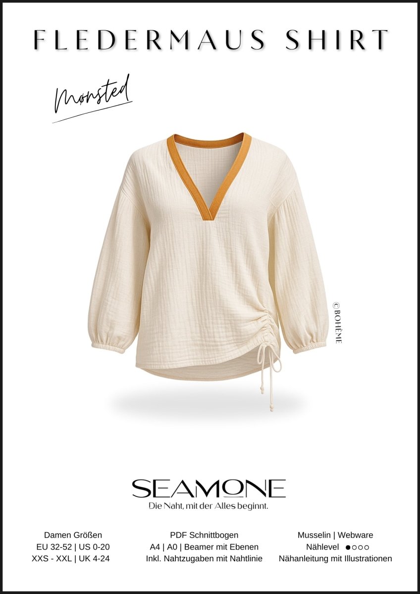 MØNSTED – Shirt Damen digitales Schnittmuster als PDF download | mit Fledermausärmeln & Wendefunktion | Größe 32–52 | SEAMONE – Damen A4 + A0 + Beamer PDF Schnittmuster | SEAMONE
