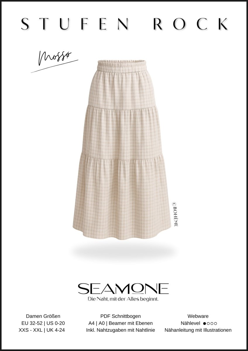 MOSSØ – Maxirock Damen digitales Schnittmuster als PDF download | mit Stufen & Gürtelschlaufen | Größe 32–52 | SEAMONE – Damen A4 + A0 + Beamer PDF Schnittmuster | SEAMONE