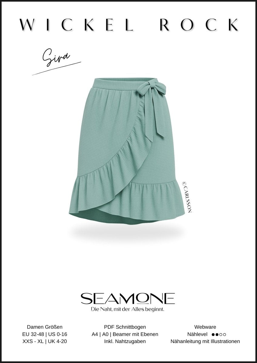 SIRA – Wickelrock Damen digitales Schnittmuster als PDF download | mit Falten & optionalem Volant | Größe 32–48 | SEAMONE – Damen A4 + A0 + Beamer PDF Schnittmuster | SEAMONE