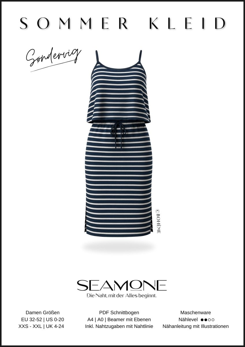 SØNDERVIG – Sommerkleid Damen digitales Schnittmuster als PDF download | ärmellos & mit Taillengürtel | Größe 32–52 | SEAMONE – Damen A4 + A0 + Beamer PDF Schnittmuster | SEAMONE