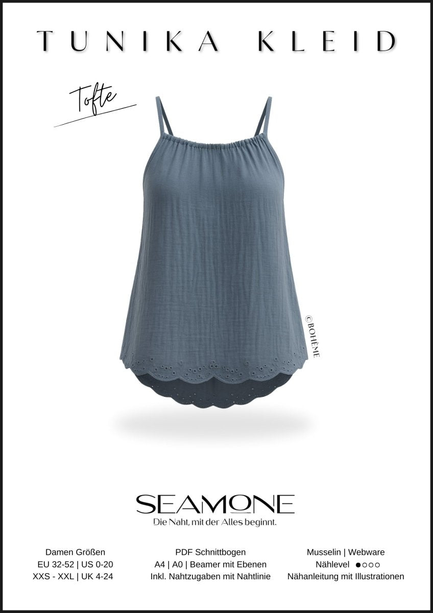 TOFTE – Tunika Damen digitales Schnittmuster als PDF download | mit Spaghettiträgern & VoKuHiLa - Saum | Größe 32–52 | SEAMONE – Damen A4 + A0 + Beamer PDF Schnittmuster | SEAMONE