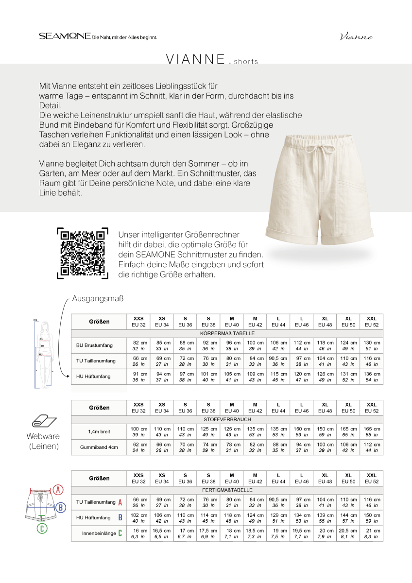VIANNE – Shorts Damen Schnittmuster PDF Download | locker geschnitten & mit Gummibund | Größe 32–52 | SEAMONE – Damen Digital (A4 + A0 + Beamer) PDF Schnittmuster | SEAMONE