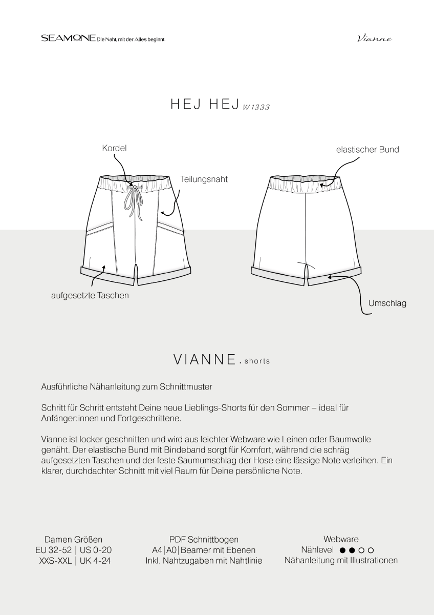 VIANNE – Shorts Damen Schnittmuster PDF Download | locker geschnitten & mit Gummibund | Größe 32–52 | SEAMONE – Damen Digital (A4 + A0 + Beamer) PDF Schnittmuster | SEAMONE