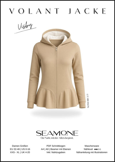Visby Sweatjacke mit Rüschen-Volant – Cover des Schnittmusters für Damen, Kapuzenvariante in Beige
