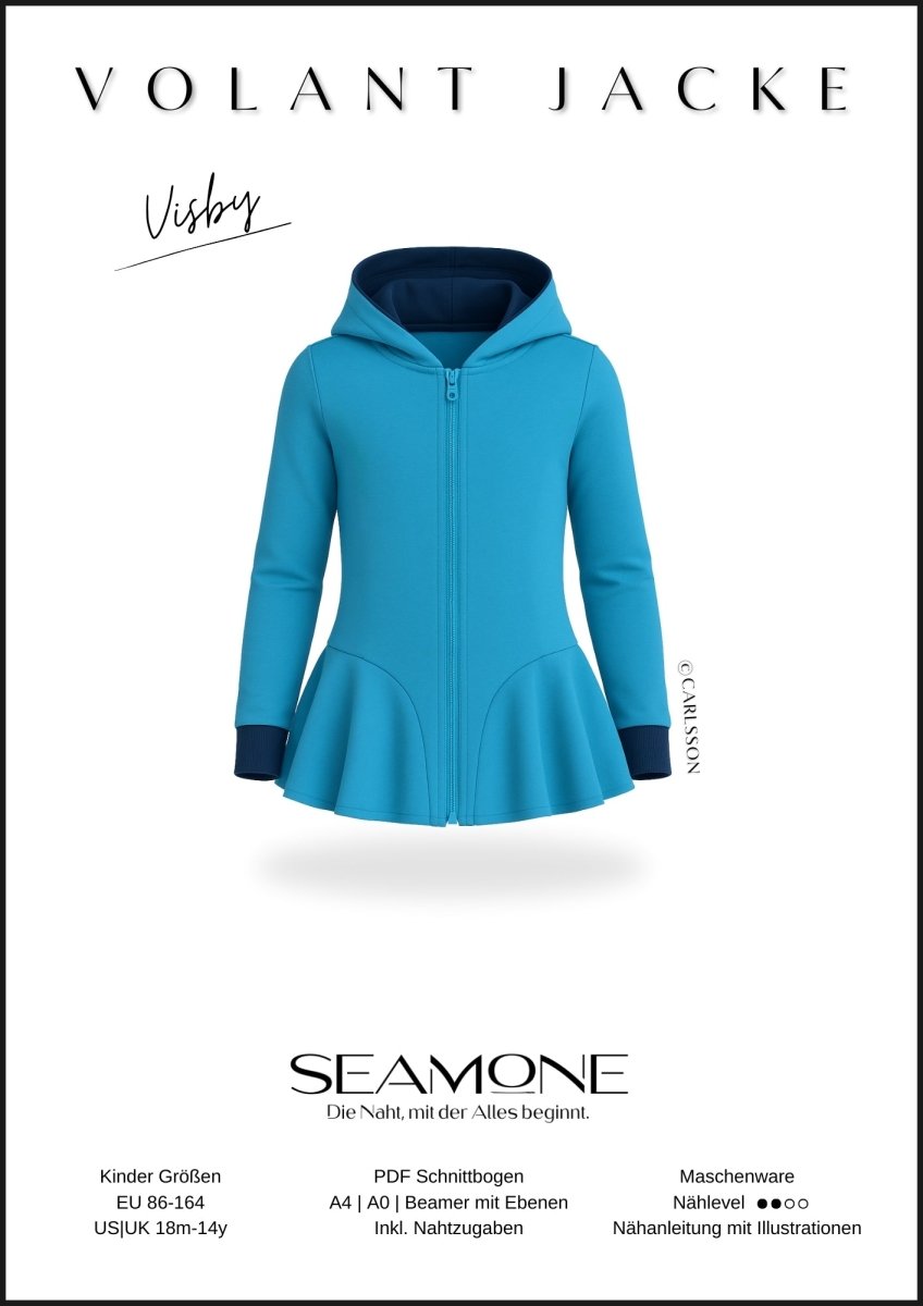 VISBY – Sweatjacke Kinder digitales Schnittmuster als PDF download | mit Volant & Kapuze oder Stehkragen | Größe 86–164 | SEAMONE – Kinder A4 + A0 + Beamer PDF Schnittmuster | SEAMONE